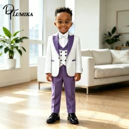 Elegant Jacquard Pattern Boys 4Pcs Suit Set 2026 Purple Lapel Blazer Pants Bowtie Formal Outfit For Toddler Kids Wedding Prom