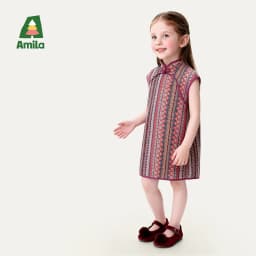 Amila 2026 Summer New Girls' Dress, New Chinese Style Retro Pattern Pan Buckle Stand Up Collar Cheongsam Skirt