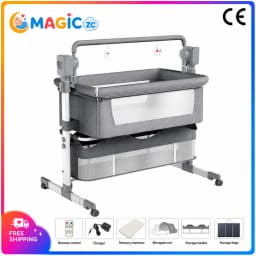 Baby Bassinet Electric Baby Bed Smart Bedside Sleeper 4 in 1 Newborn Baby Bed Baby Crib Auto Swing Cradle For Baby with 5 Speeds Bluetooth Music Remote Control 3 Height Levels Large Storage Basket Wheels Mosquito Net Grey