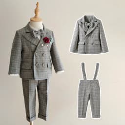 Kids Boys Gentleman Plaid Suit Outfit Jacket Pants Suspenders Bow Tie Formal Wedding Party Photograph Costume for Baby Boy Cloth