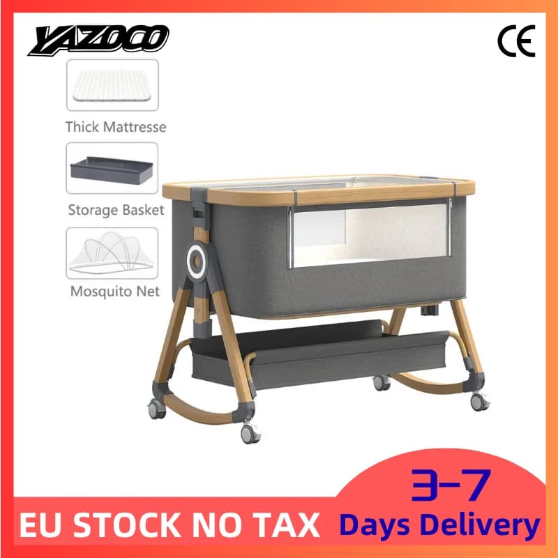 Multi-Functional Baby Crib Portable Movable Bedside Swing Cradle Foldable Sleeping Bed Height Adjustable Splicing Bed for Newborn Infant Home Bedroom Use