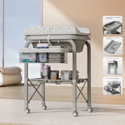3-in-1 Baby Changing Table with Temperature-Sensing Bath Tub, Foldable, Storage Basket, Reinforced Weight Capacity, with Wheels