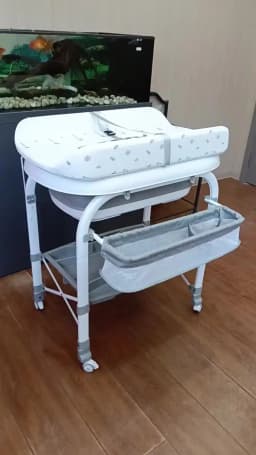 3-in-1 Baby Changing Table with Temperature-Sensing Bath Tub, Foldable, Storage Basket, Reinforced Weight Capacity, with Wheels