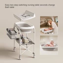 3-in-1 Baby Changing Table with Temperature-Sensing Bath Tub, Foldable, Storage Basket, Reinforced Weight Capacity, with Wheels