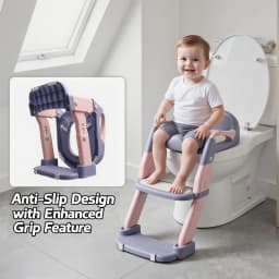 2-in-1 Foldable Toddler Toilet Ladder Seat, Adjustable Potty Training Chair with Non-Slip Steps & Anti-Slip Foot Pads, Stable Toilet Trainer for Boys Girls, Kids Bathroom Potty Seat Available in Grey Green Purple