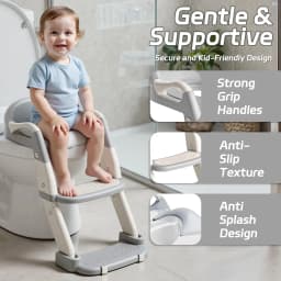 2-in-1 Foldable Toddler Toilet Ladder Seat, Adjustable Potty Training Chair with Non-Slip Steps & Anti-Slip Foot Pads, Stable Toilet Trainer for Boys Girls, Kids Bathroom Potty Seat Available in Grey Green Purple