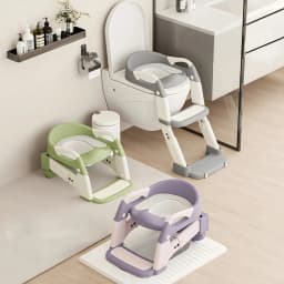 2-in-1 Foldable Toddler Toilet Ladder Seat, Adjustable Potty Training Chair with Non-Slip Steps & Anti-Slip Foot Pads, Stable Toilet Trainer for Boys Girls, Kids Bathroom Potty Seat Available in Grey Green Purple