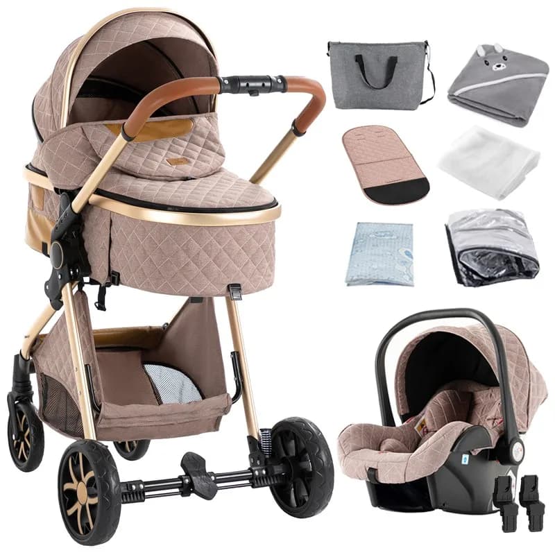 3-in-1 Baby Travel System, Combined Stroller, Aluminum Frame, Foldable, High Position, Suspension Wheels, Sunshade Canopy, Multi-Position Seat, with 6 Free Gifts.