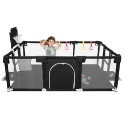 Baby Playpen 180x120×66 cm, with 50 Ocean Balls, 4 Rings, and 8 Non-Slip Suction Cups – Oxford Fabric Play Area – Suitable for Indoor/Outdoor Use – Dark Grey/Light Grey/Black/Blue