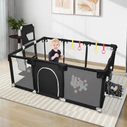 Baby Playpen 180x120×66 cm, with 50 Ocean Balls, 4 Rings, and 8 Non-Slip Suction Cups – Oxford Fabric Play Area – Suitable for Indoor/Outdoor Use – Dark Grey/Light Grey/Black/Blue
