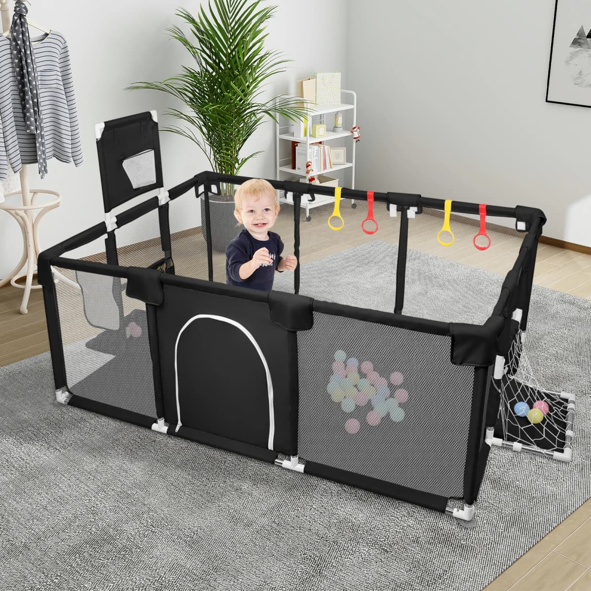 Baby Playpen 180x120×66 cm, with 50 Ocean Balls, 4 Rings, and 8 Non-Slip Suction Cups – Oxford Fabric Play Area – Suitable for Indoor/Outdoor Use – Dark Grey/Light Grey/Black/Blue