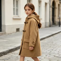 Fall Winter Girls Hooded Duffle Coat Toggle Button Wool Blend Windproof Warm Daily Outerwear School Kids Overcoat Casual Outfits