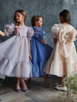 Simple Elegant Puffy Sleeve Tea-length A-line Tulle Gurls Dresses For Daily Life Cute Sweet Bow Kids Princess Gown Dancing Wear
