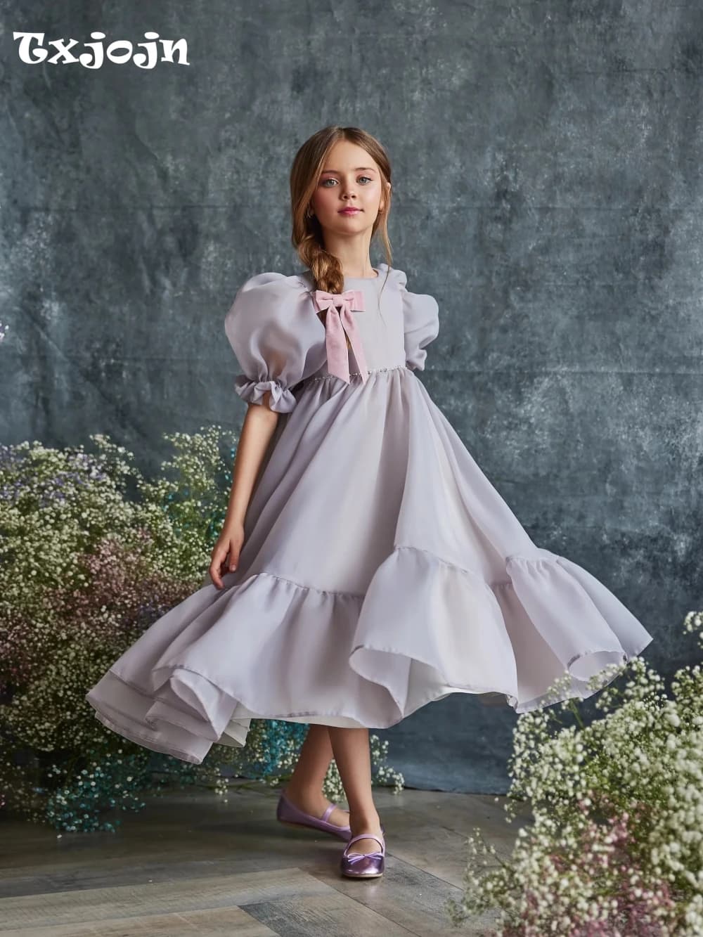 Simple Elegant Puffy Sleeve Tea-length A-line Tulle Gurls Dresses For Daily Life Cute Sweet Bow Kids Princess Gown Dancing Wear