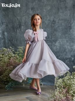 Simple Elegant Puffy Sleeve Tea-length A-line Tulle Gurls Dresses For Daily Life Cute Sweet Bow Kids Princess Gown Dancing Wear