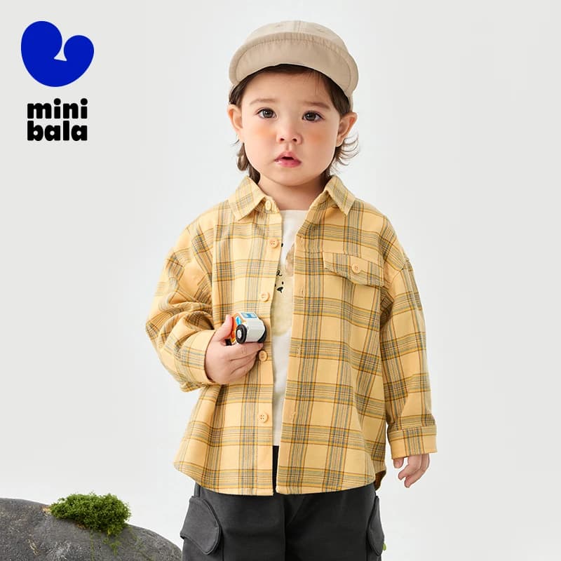 Mini Bala Boys' Long Sleeve Shirt 2025 New Product Loose, Versatile Plaid Soft Baby Top