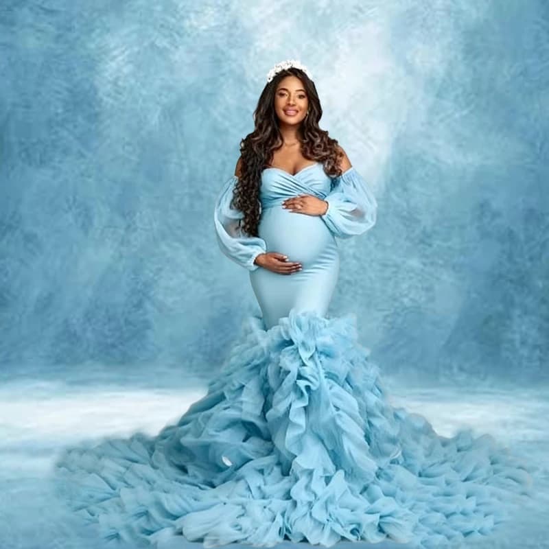 Pregnancy Mermaid Gown - Flared Hem Stretch Tulle Dress With Waist Definition - Maternity Photography Dresses Vestido Maternidad