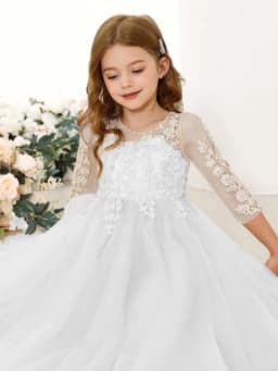 Lace Floral Appliques Flower Girl Dress 3/4 Sleeve Girls Pageant Tulle Ball Gown