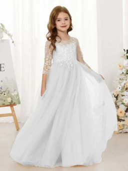 Lace Floral Appliques Flower Girl Dress 3/4 Sleeve Girls Pageant Tulle Ball Gown