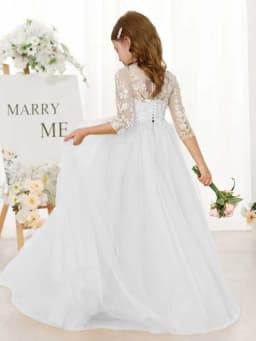 Lace Floral Appliques Flower Girl Dress 3/4 Sleeve Girls Pageant Tulle Ball Gown