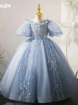 Elegant Blue Girls Dresses Piano Contest Performance Luxury Sequined Puff Sleeve For Kids Catwalk Show Birthday Party Customized