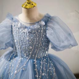 Elegant Blue Girls Dresses Piano Contest Performance Luxury Sequined Puff Sleeve For Kids Catwalk Show Birthday Party Customized
