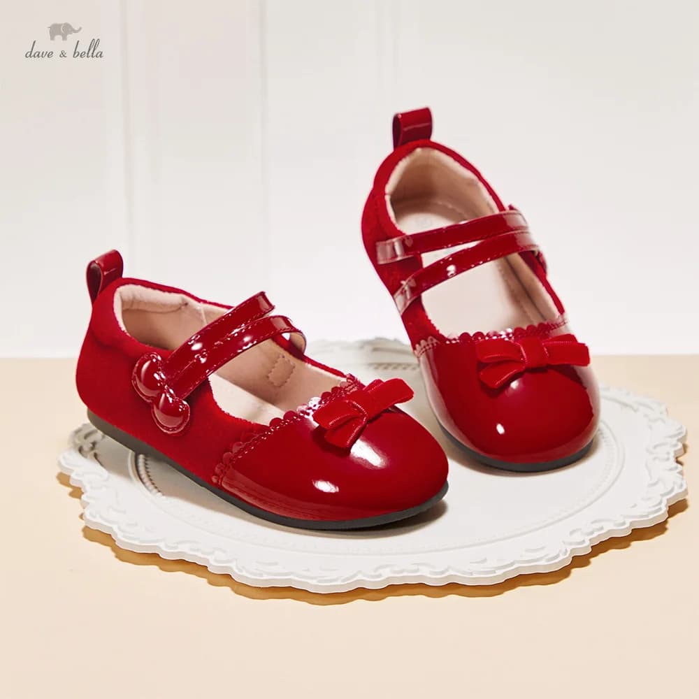 Dave Bella Children Leather Shoes Autumn Spring Girls Retro Red Shoes Anti Slip Kids Soft Princess Shoes Elegant Party DB1260037