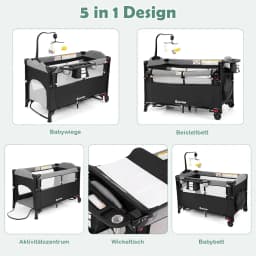 5-in-1 Baby Cot 120 x 60 cm, 2 Level Travel Cot with Mattress, Changing Mat, Toys, Music Box & Carry Bag, Foldable Side