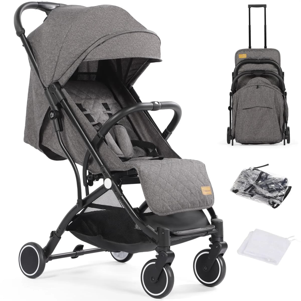 Baby Stroller Pushchair, One-Hand Foldable Compact Travel Stroller Buggy with Rain Cover&Mosquito Net, Lightweight Baby Pram