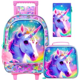 Rolling Backpack for Girls, Cute Dog Roller Wheels Kids Bookbag - Wheeled Elementary School Bag - 3PCS Dog
