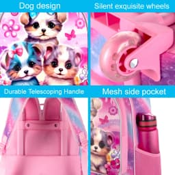 Rolling Backpack for Girls, Cute Dog Roller Wheels Kids Bookbag - Wheeled Elementary School Bag - 3PCS Dog