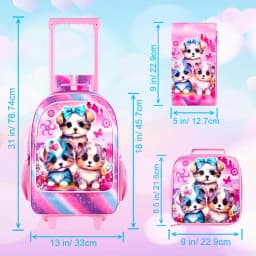 Rolling Backpack for Girls, Cute Dog Roller Wheels Kids Bookbag - Wheeled Elementary School Bag - 3PCS Dog