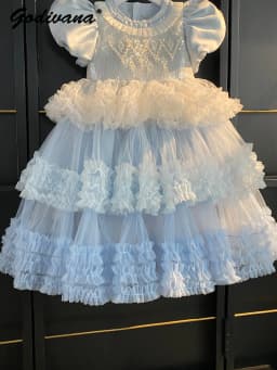 Sweet Little Girls Spring and Summer New Heavy Princess Gown Childrens Puff Sleeve Pearl Sequined Mesh Birthday Party Cake Dress