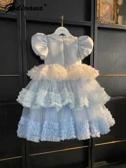 Sweet Little Girls Spring and Summer New Heavy Princess Gown Childrens Puff Sleeve Pearl Sequined Mesh Birthday Party Cake Dress