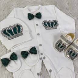Footed Romper Newborn 0-9 Months 4 Piece Set White Green Crown Bow Prince Royal Boutique Baby Shower Gift With Hat Mittens Shoes