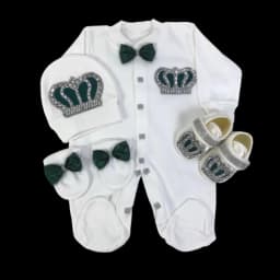 Footed Romper Newborn 0-9 Months 4 Piece Set White Green Crown Bow Prince Royal Boutique Baby Shower Gift With Hat Mittens Shoes