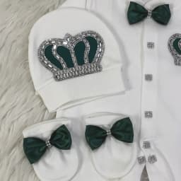 Footed Romper Newborn 0-9 Months 4 Piece Set White Green Crown Bow Prince Royal Boutique Baby Shower Gift With Hat Mittens Shoes
