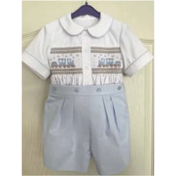 0-6Y Boy Summer Light Blue Handmade Emboidery Smocked Outfit Suit for Birthday Photography Party Casual A332