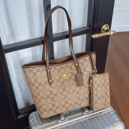 Dark Brown Vintage Print 2 Piece Tote Set Durable Spacious Match Office Workers Daily Grocery Casual Trip