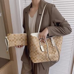 Dark Brown Vintage Print 2 Piece Tote Set Durable Spacious Match Office Workers Daily Grocery Casual Trip