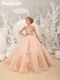 Girls Luxury Golden Lace Appliques Dresses For Birthday Party Charming Bow Oneck Princess Gown School Performance Wear 2-14Y
