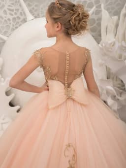 Girls Luxury Golden Lace Appliques Dresses For Birthday Party Charming Bow Oneck Princess Gown School Performance Wear 2-14Y
