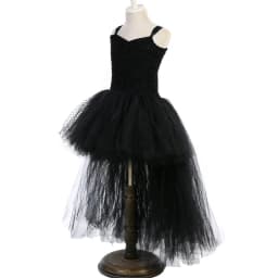 Girls' Long Devil Witch Dress, High‑Low Hem Black Angel Carnival Costume with Kids Halloween Feather Wings Accessory