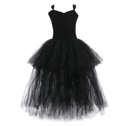 Girls' Long Devil Witch Dress, High‑Low Hem Black Angel Carnival Costume with Kids Halloween Feather Wings Accessory