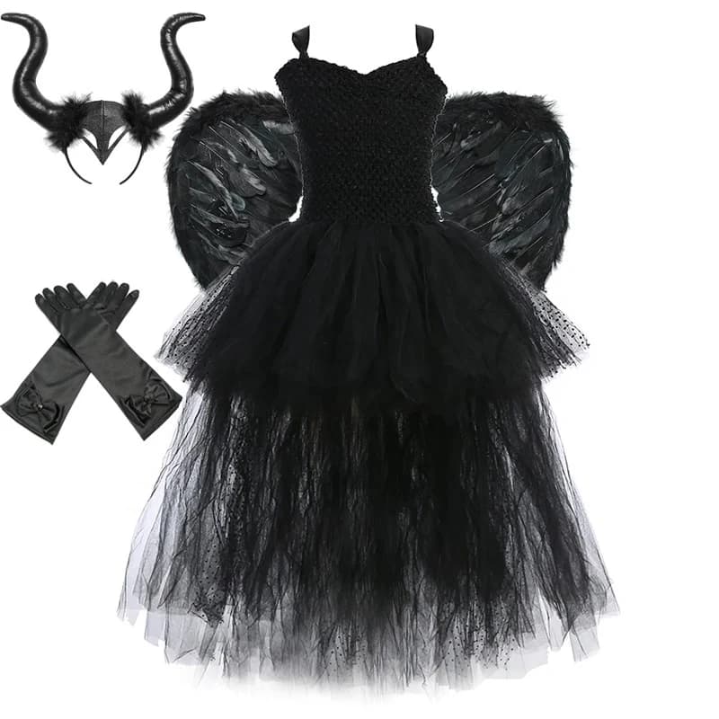 Girls' Long Devil Witch Dress, High‑Low Hem Black Angel Carnival Costume with Kids Halloween Feather Wings Accessory