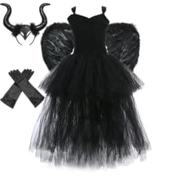Girls' Long Devil Witch Dress, High‑Low Hem Black Angel Carnival Costume with Kids Halloween Feather Wings Accessory