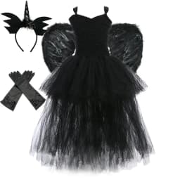 Girls' Long Devil Witch Dress, High‑Low Hem Black Angel Carnival Costume with Kids Halloween Feather Wings Accessory