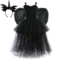 Girls' Long Devil Witch Dress, High‑Low Hem Black Angel Carnival Costume with Kids Halloween Feather Wings Accessory