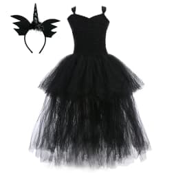 Girls' Long Devil Witch Dress, High‑Low Hem Black Angel Carnival Costume with Kids Halloween Feather Wings Accessory