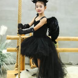 Girls' Long Devil Witch Dress, High‑Low Hem Black Angel Carnival Costume with Kids Halloween Feather Wings Accessory